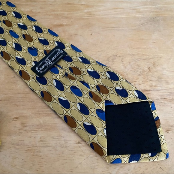 Jacobs Roberts Silk Tie with Repeating Oval Pattern in Gold, Blue & Brown Shades - Picture 6 of 9